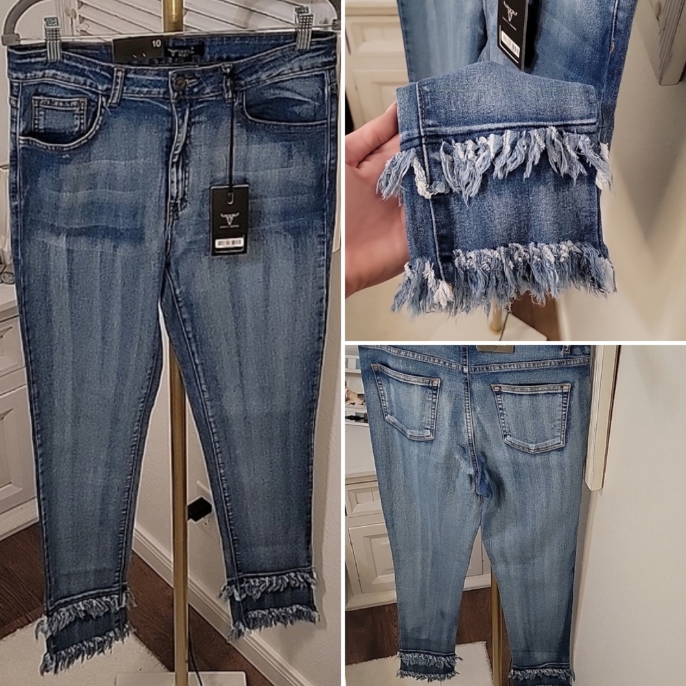 Lucky & Blessed Light Blue Distressed Fringe Hem Cropped Jeans